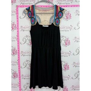 Paper scissors dress floral knit Black Dress with Colorful Crochet Yoke